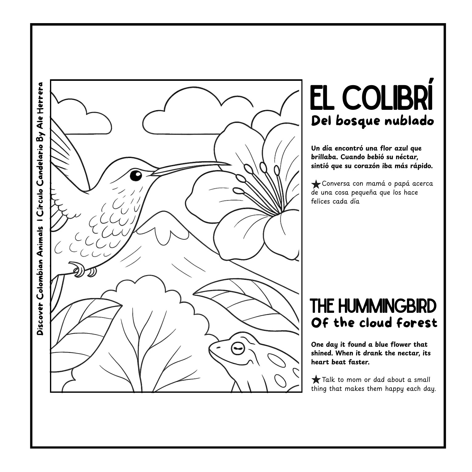 Página interior con un colibrí colombiano para colorear